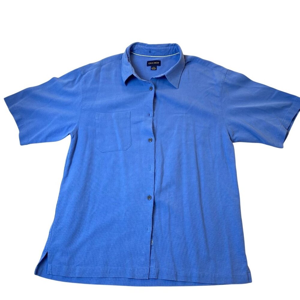 Toscano Mens Shirt XL Blue 100% Silk Short-Sleeve Button-Up